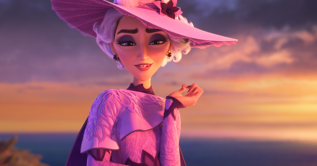 Queen Celeste wears a pink hat and cape in Hexed