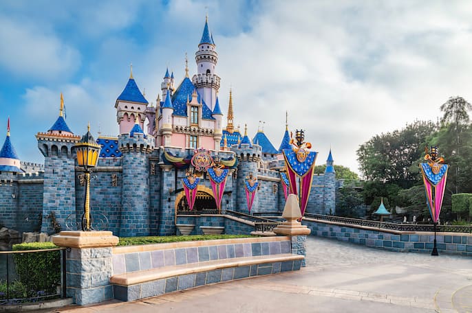Sleeping Beauty Castle decorated for Disneyland's 70th anniversary