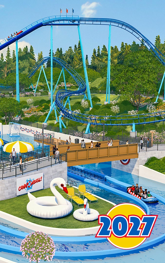 Holiday World 2027 regular Season Pass artwork showing the CANNONBALL water coaster