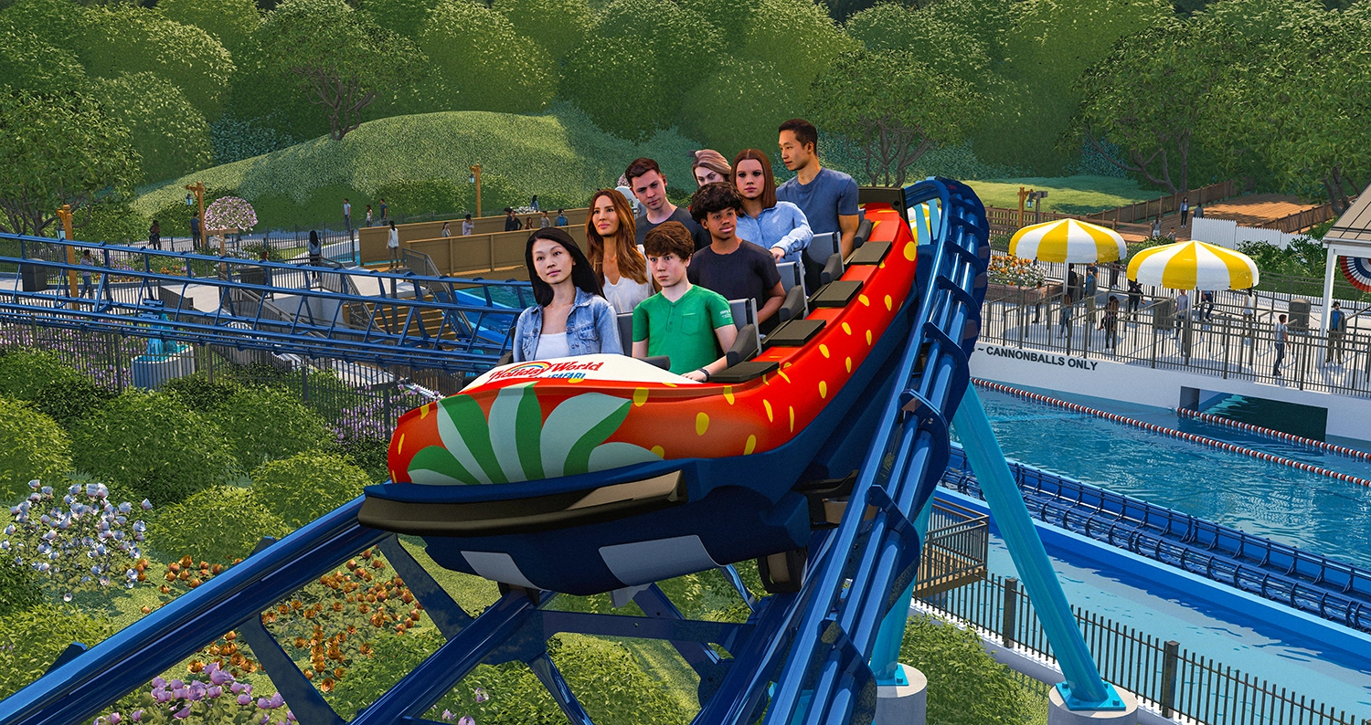 Official rendering of CANNONBALL! riders banking along a curve