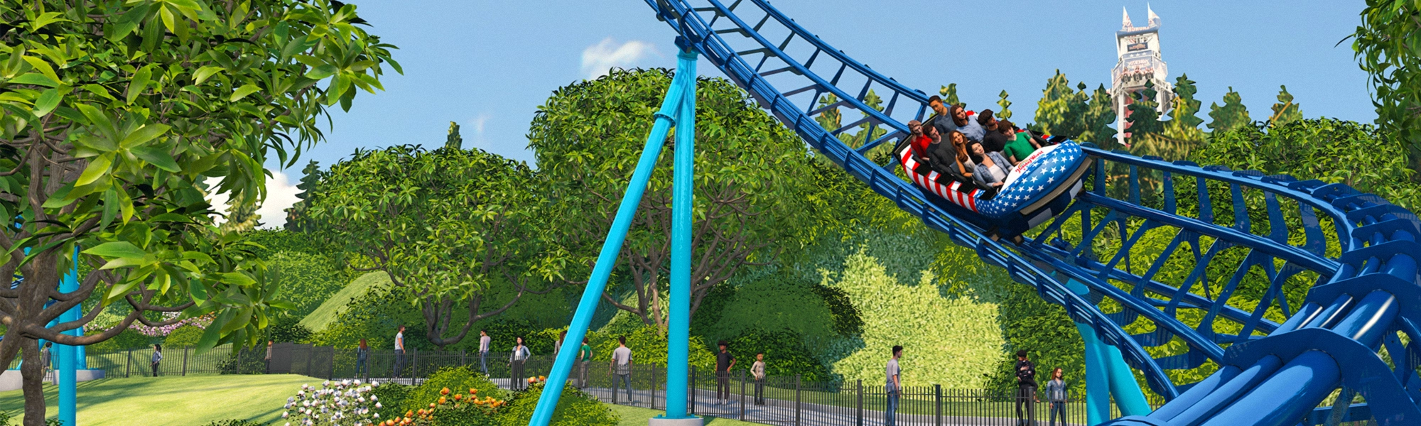 Official panoramic rendering of riders on the CANNONBALL! blue track