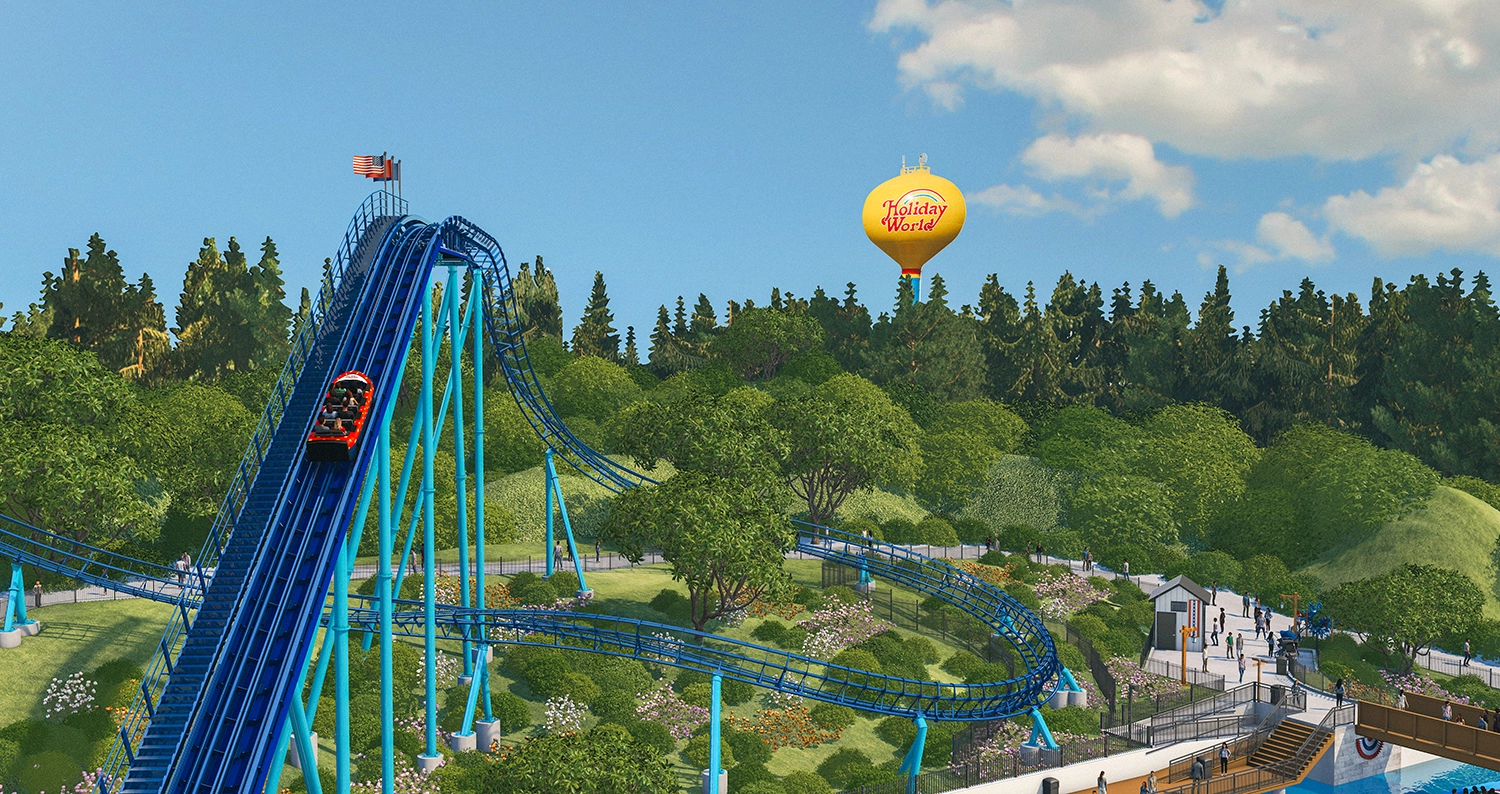 Official rendering of CANNONBALL! riders climbing the lift hill