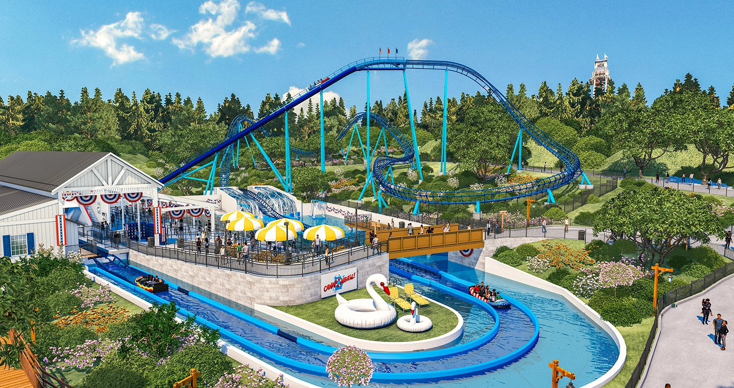 Wide official rendering of CANNONBALL! with its station, splash pool, and track layout