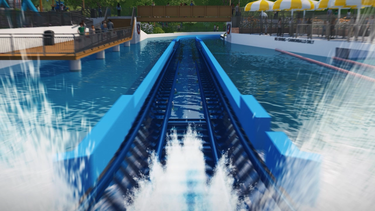 Official POV still from CANNONBALL! showing blue track ahead