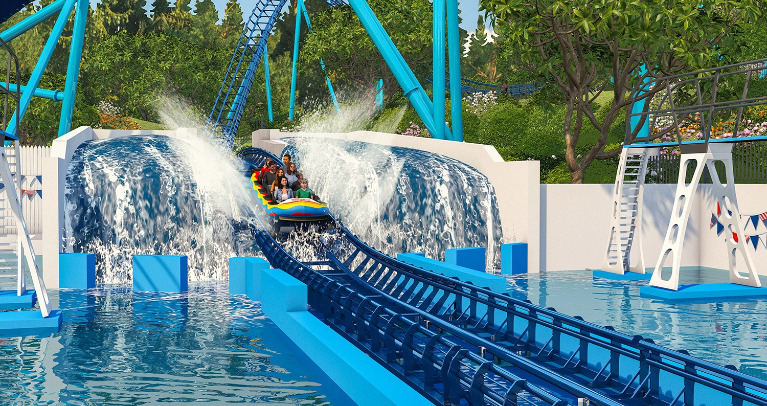 Official rendering of a CANNONBALL! float splashing down between waterfalls