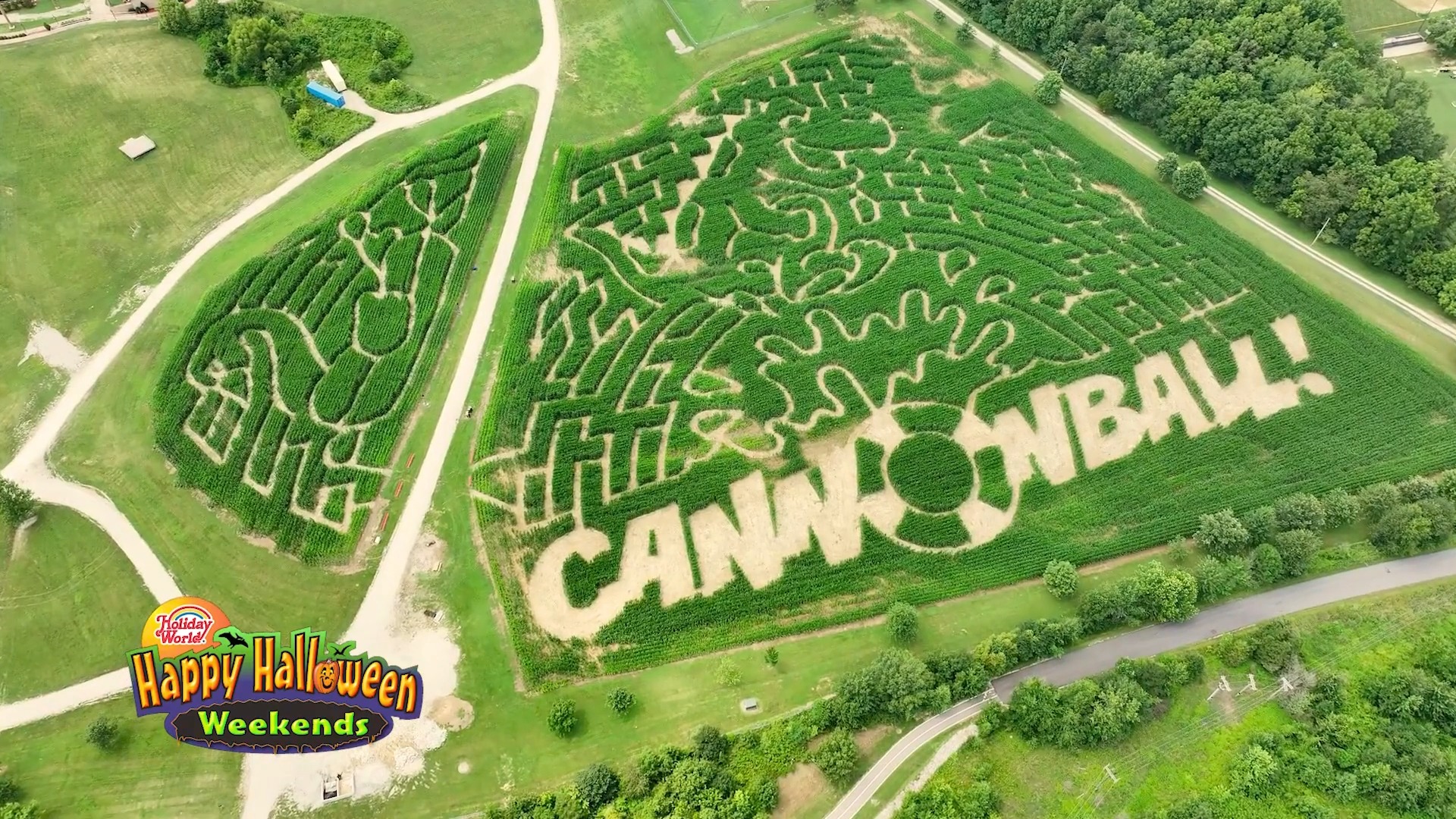 Aerial view of Holiday World's 2026 Dino Corn Maze with Happy Halloween Weekends branding