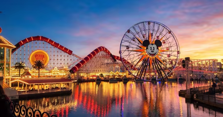 Disney California Adventure park skyline with Pixar Pier and the Incredicoaster