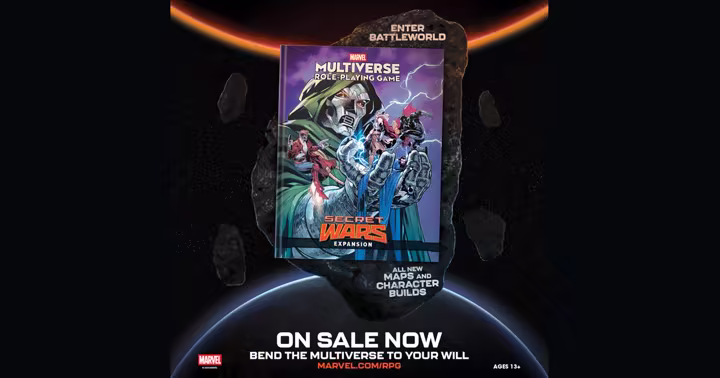 Marvel Multiverse Role-Playing Game Secret Wars Expansion art with Battleworld and new character builds