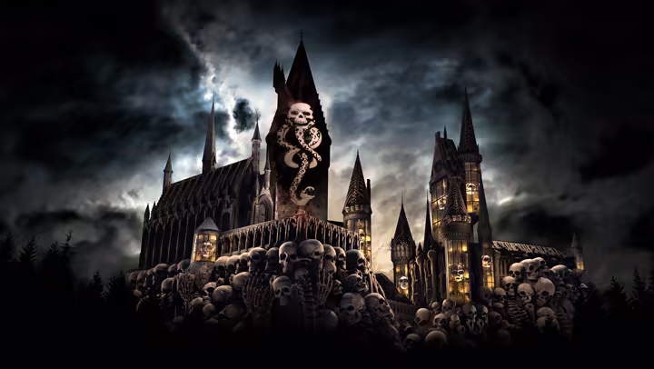 Dark Arts projection imagery covering Hogwarts Castle at Universal Orlando