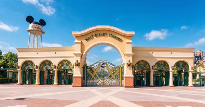 Entrance arch and water tower at Disney Adventure World in Disneyland Paris