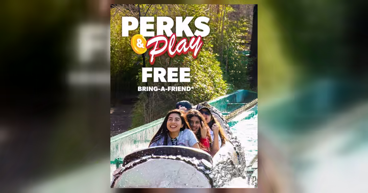 Perks and Play Bring-A-Friend artwork with guests riding a water attraction