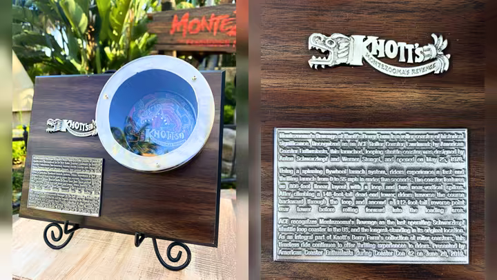 Original Montezooma’s Revenge track pieces displayed with a Knott’s Berry Farm history plaque