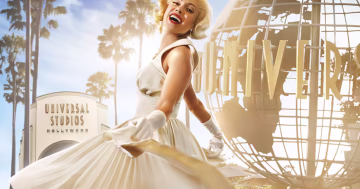 Marilyn Monroe beside the Universal Studios Hollywood globe and park entrance