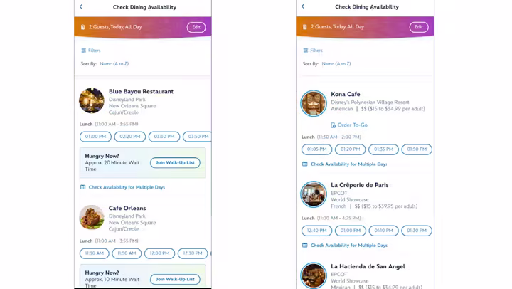 Disney World dining availability search in the My Disney Experience app