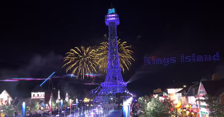 Fireworks, drones and lasers over Kings Island's Eiffel Tower during the Nighttime Spectacular