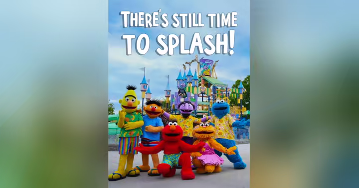 Sesame Place Philadelphia's There's Still Time to Splash graphic with Sesame Street characters and a water-play area