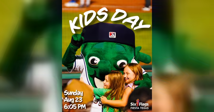 San Antonio Missions Kids Day artwork with mascot and children, Sunday Aug. 23 at 6:05 p.m.
