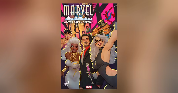 Cover art for Marvel Winter Break Special 2026 #1 showing Spider-Man and Marvel heroes at a New Year's celebration