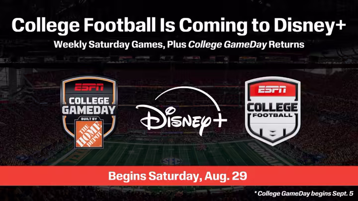 Official ESPN and Disney+ graphic announcing weekly college football games and College GameDay