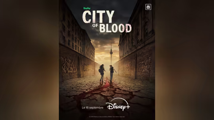 Official City of Blood poster showing two sisters in a dystopian Berlin street