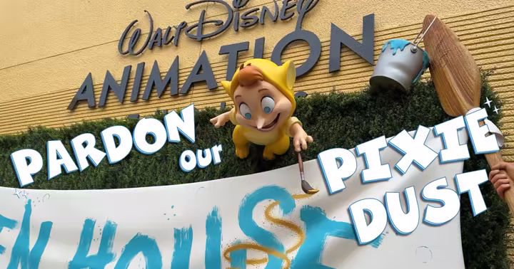 Walt Disney Imagineering video thumbnail showing the Disney Animation building and Pardon Our Pixie Dust sign