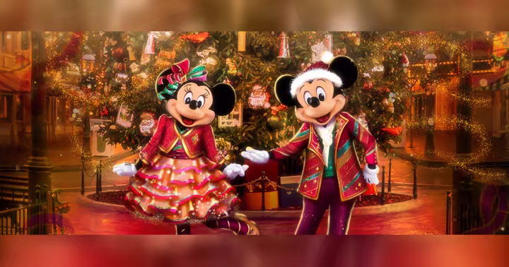 Mickey Mouse and Minnie Mouse in new holiday attire at Disneyland Resort
