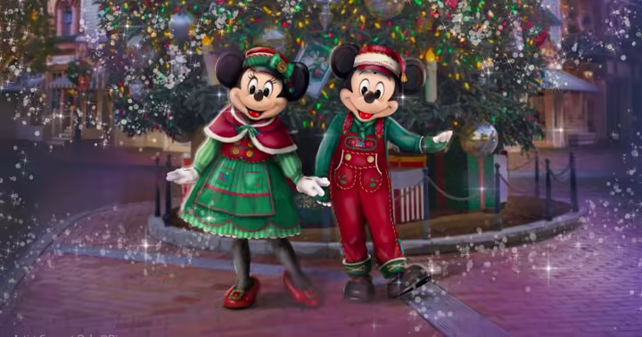 Mickey Mouse and Minnie Mouse in new holiday attire at Disneyland