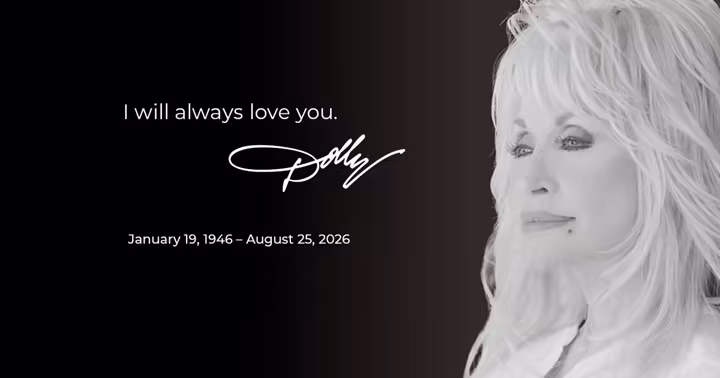 Dollywood's memorial graphic for Dolly Parton with her signature and dates