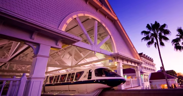 Walt Disney World monorail arriving at the Grand Floridian station