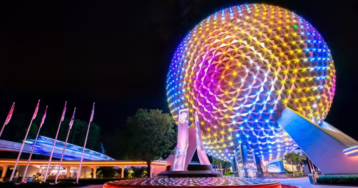 Spaceship Earth glowing at EPCOT at night
