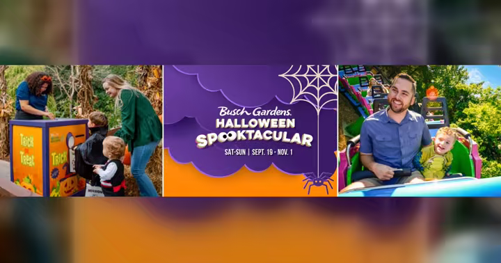 Families at Busch Gardens Halloween Spooktacular with the event dates shown in the center panel