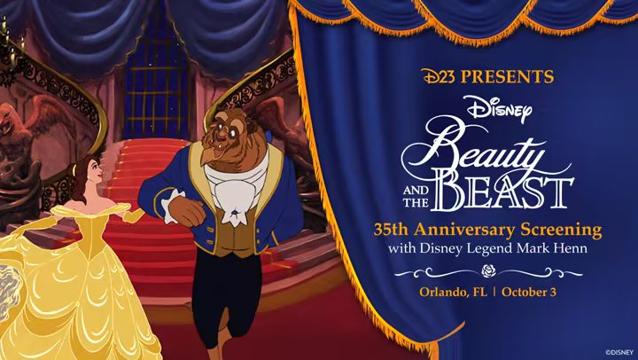 D23 graphic for the Beauty and the Beast 35th Anniversary Screening with Mark Henn in Orlando on October 3, 2026