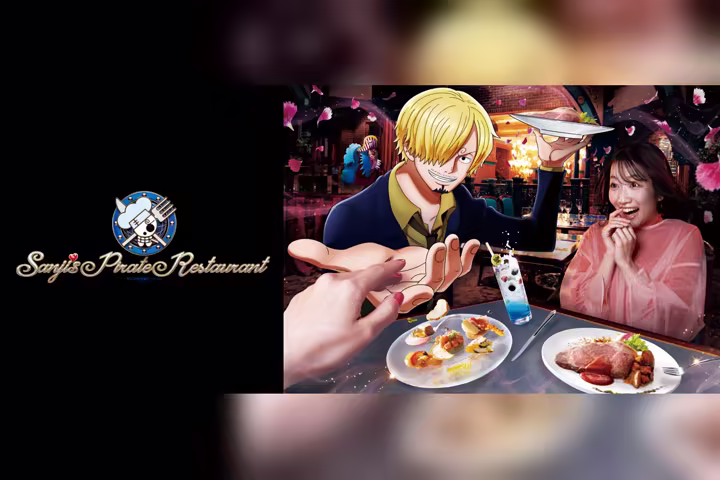 Sanji's Pirate Restaurant event artwork and dining scene at Universal Studios Japan
