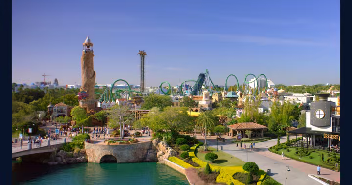Universal Islands of Adventure viewed across its central lagoon