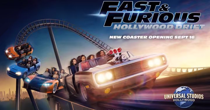 Fast & Furious: Hollywood Drift coaster cars race along an elevated track at sunset