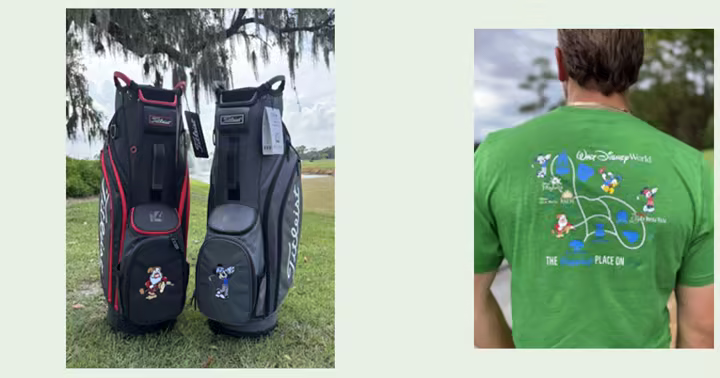 Character-inspired Disney golf bags and a Walt Disney World Golf shirt