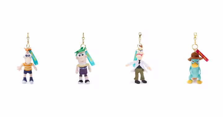 Four Phineas and Ferb plush keychain charms from Disney Store Japan