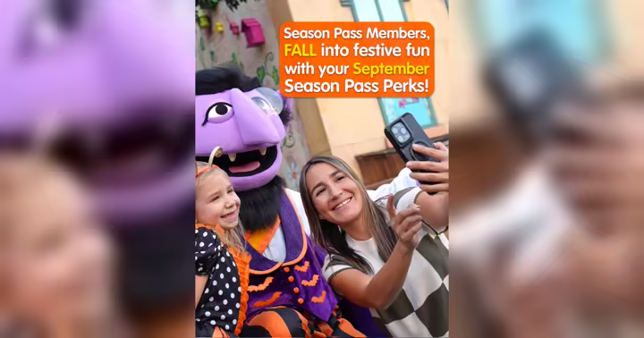Sesame Place September Season Pass Perks with Count von Count and a family