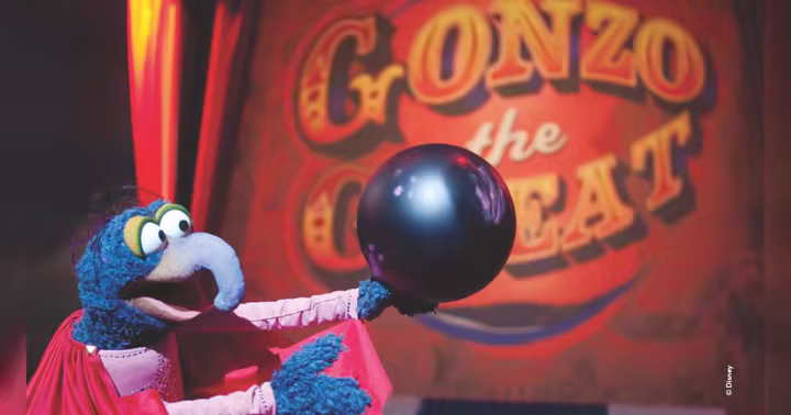 Gonzo from The Muppets holding a black cannonball beside the Oris ProPilot X Gonzo Edition watch