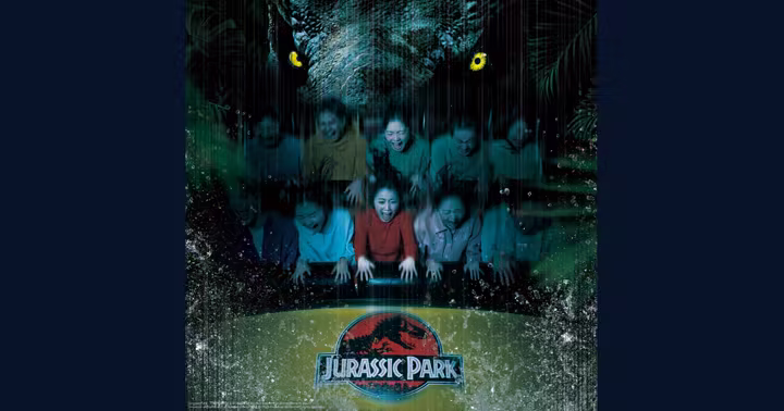 Jurassic Park - The Ride riders surrounded by water beneath a dinosaur at Universal Studios Japan