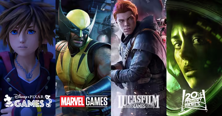 Disney Games portfolio artwork with Disney, Pixar, Marvel, Lucasfilm and 20th Century Games logos
