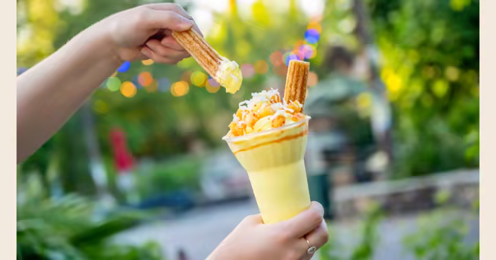 Dole Whip pineapple with chili-lime and a churro sundae at Walt Disney World