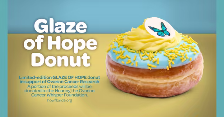 Everglazed Glaze of Hope Donut with teal icing, yellow sprinkles and a butterfly decoration in the fundraiser’s promotional image