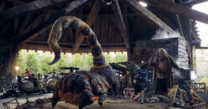 Hagrid and a Blast-Ended Skrewt beside the motorbike ride in Universal promotional photography