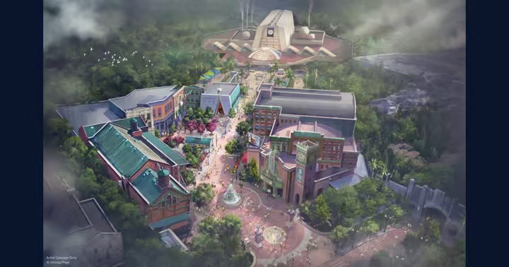 Disney concept art of the planned Monstropolis courtyard fountain, Glob Theater and street layout