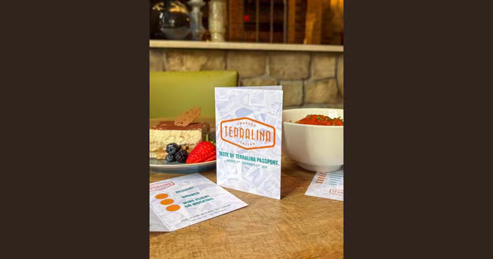 Taste of Terralina passport with dessert and pasta in the restaurant’s official promotion photo