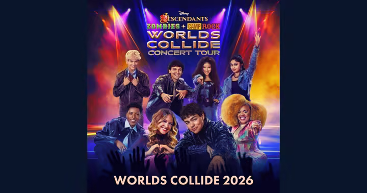 Official Worlds Collide 2026 single cover featuring the Disney concert tour cast
