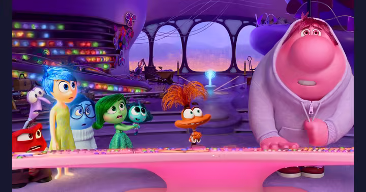Inside Out 2 emotions gather at the Headquarters console, including Joy, Sadness, Anxiety and Embarrassment