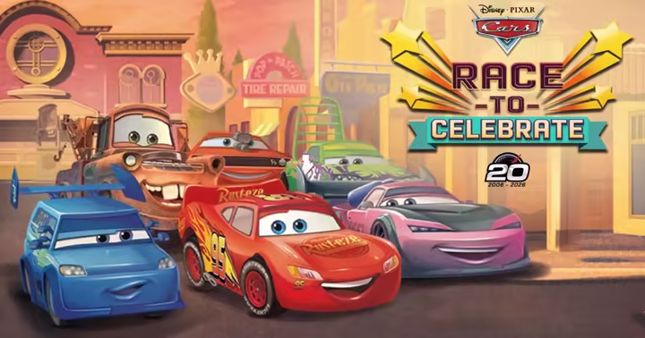 Cars characters in Radiator Springs with Race to Celebrate 20th-anniversary artwork