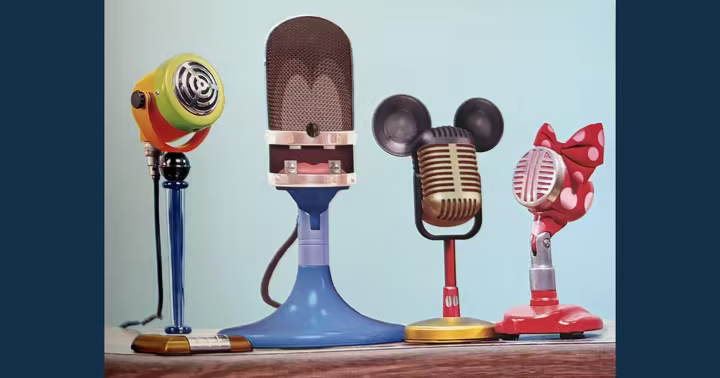 Mickey and Minnie microphones beside colorful vintage microphones